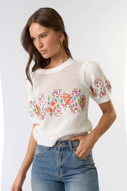 Short Puff Sleeve Embroidered Floral Crochet Top