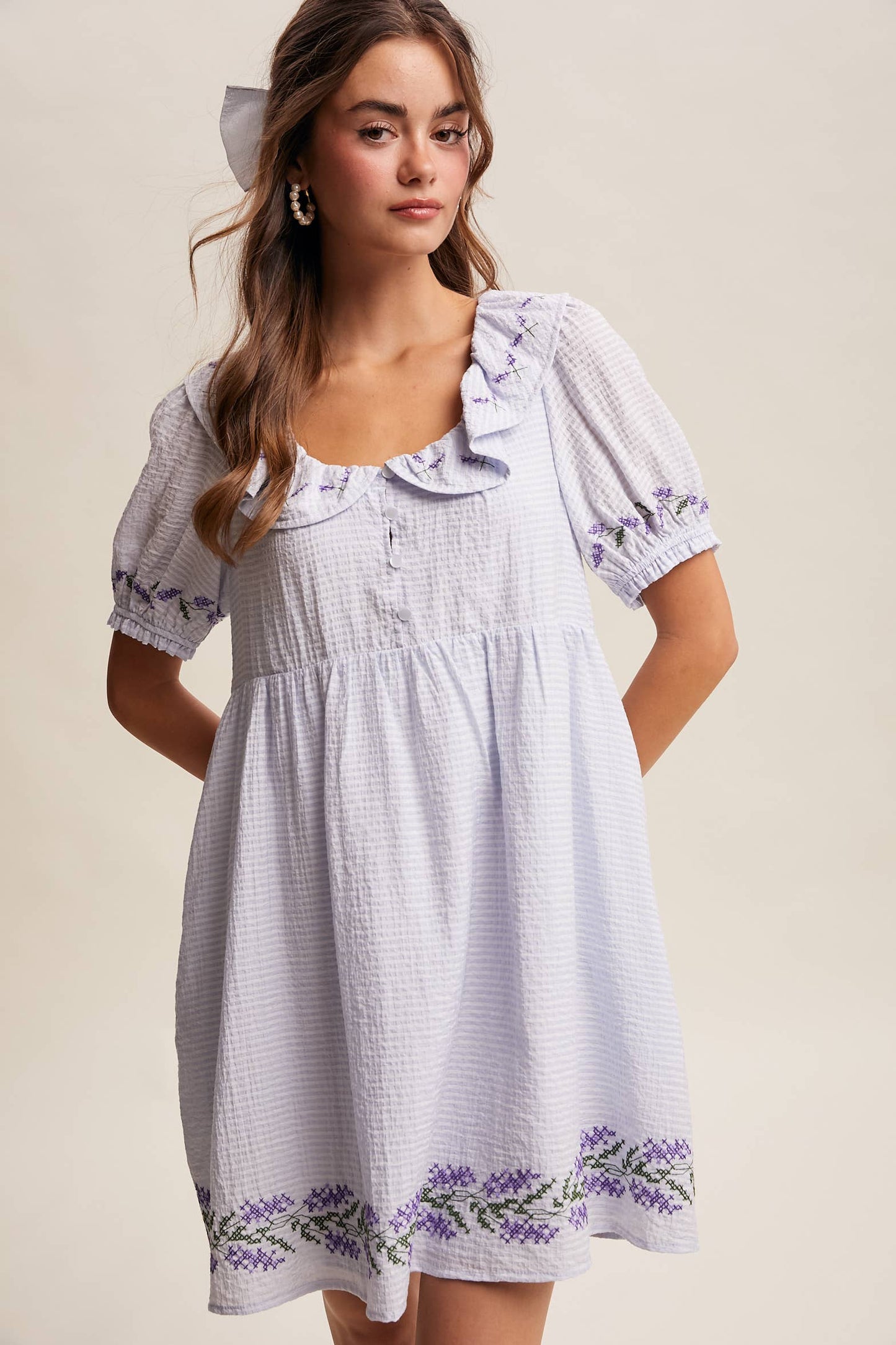Embroidered Ruffle Collar Textured Gingham Dress