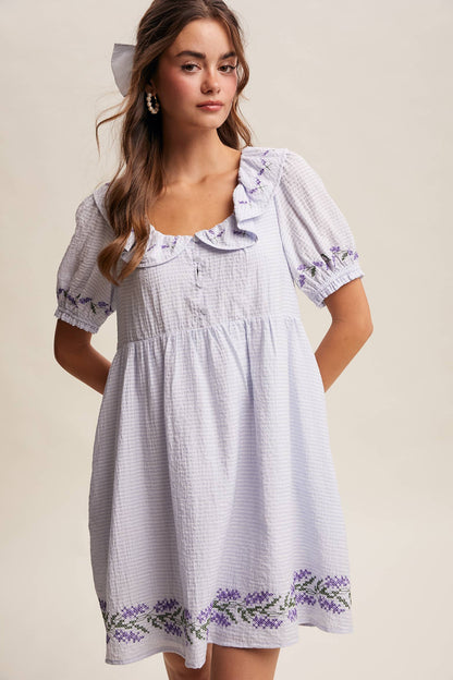 Embroidered Ruffle Collar Textured Gingham Dress