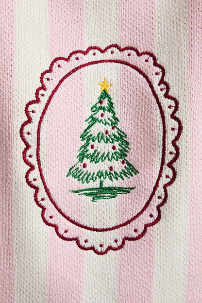 Stripe Knit Sweater w Tree Embroidery