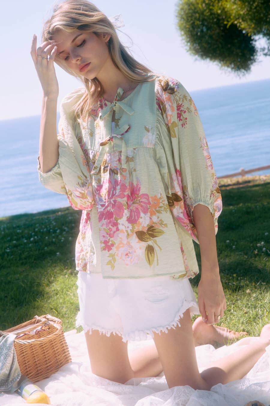 Floral Printed Batwing Sleeve Front Tie Top