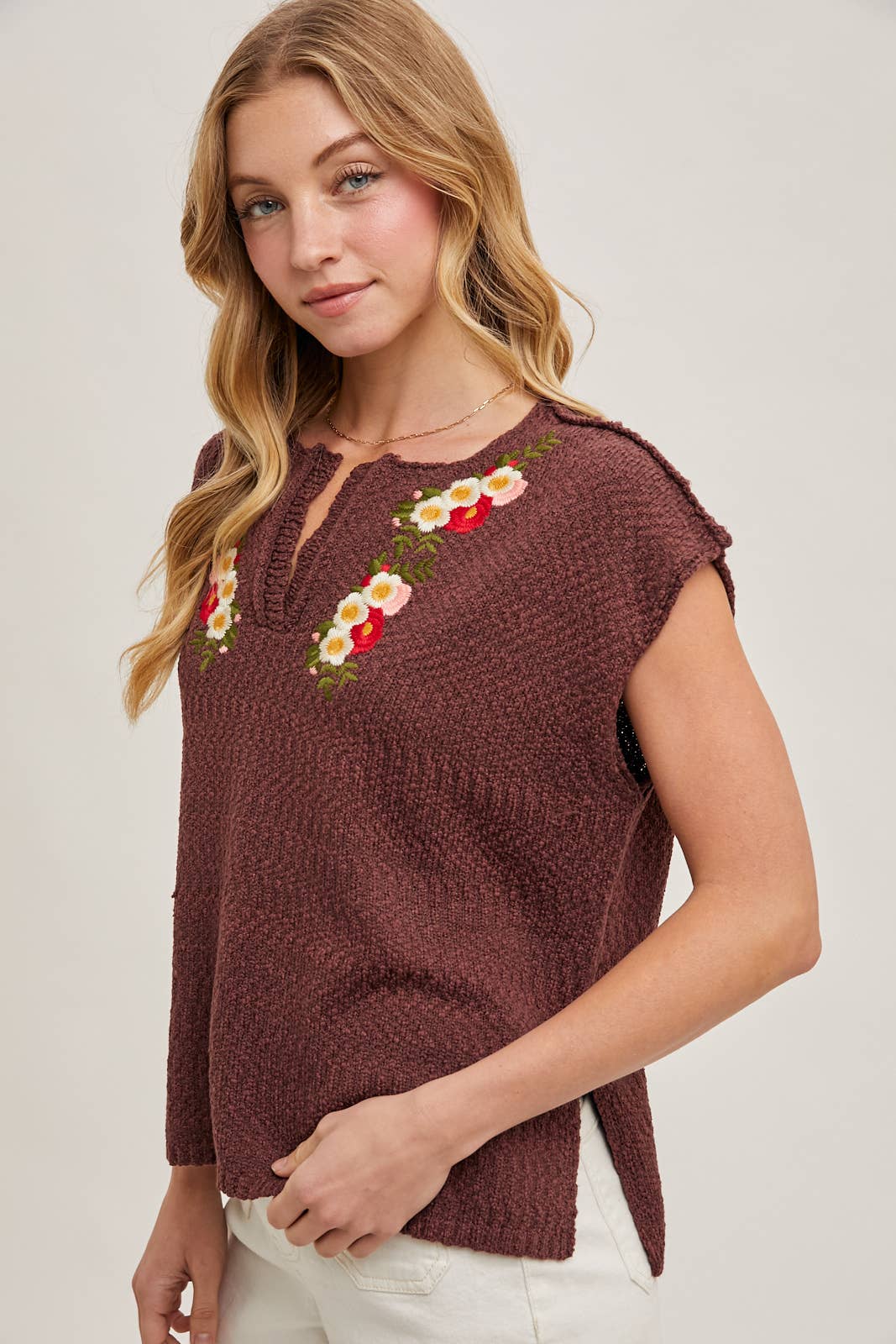 Embroidered Notch Neck Knit Top
