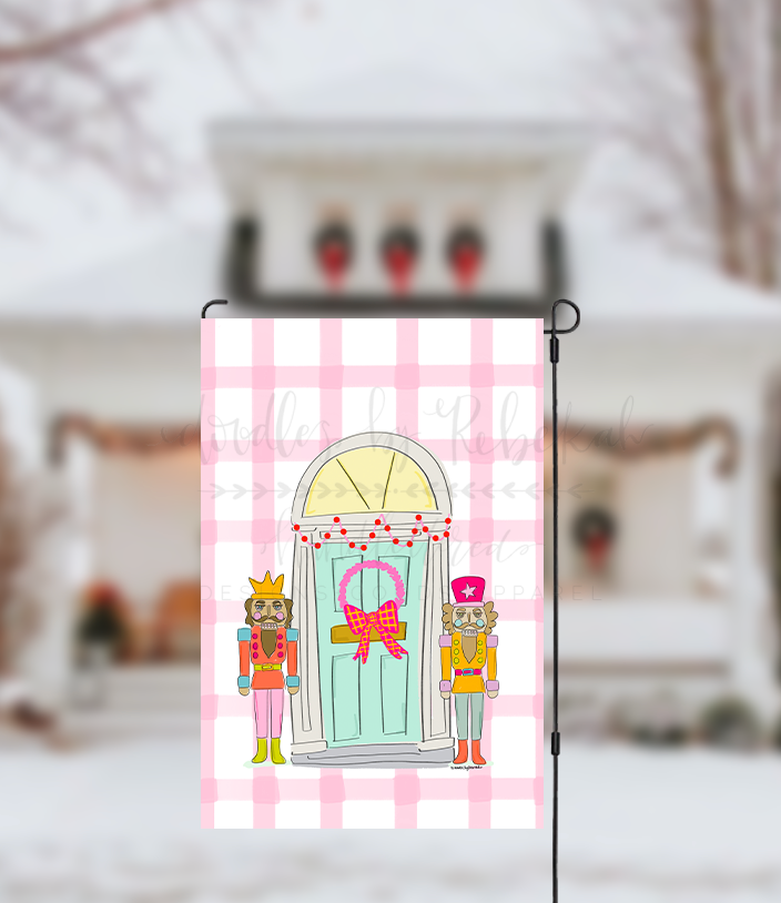 Nutcracker Doorway Gingham Garden Flag