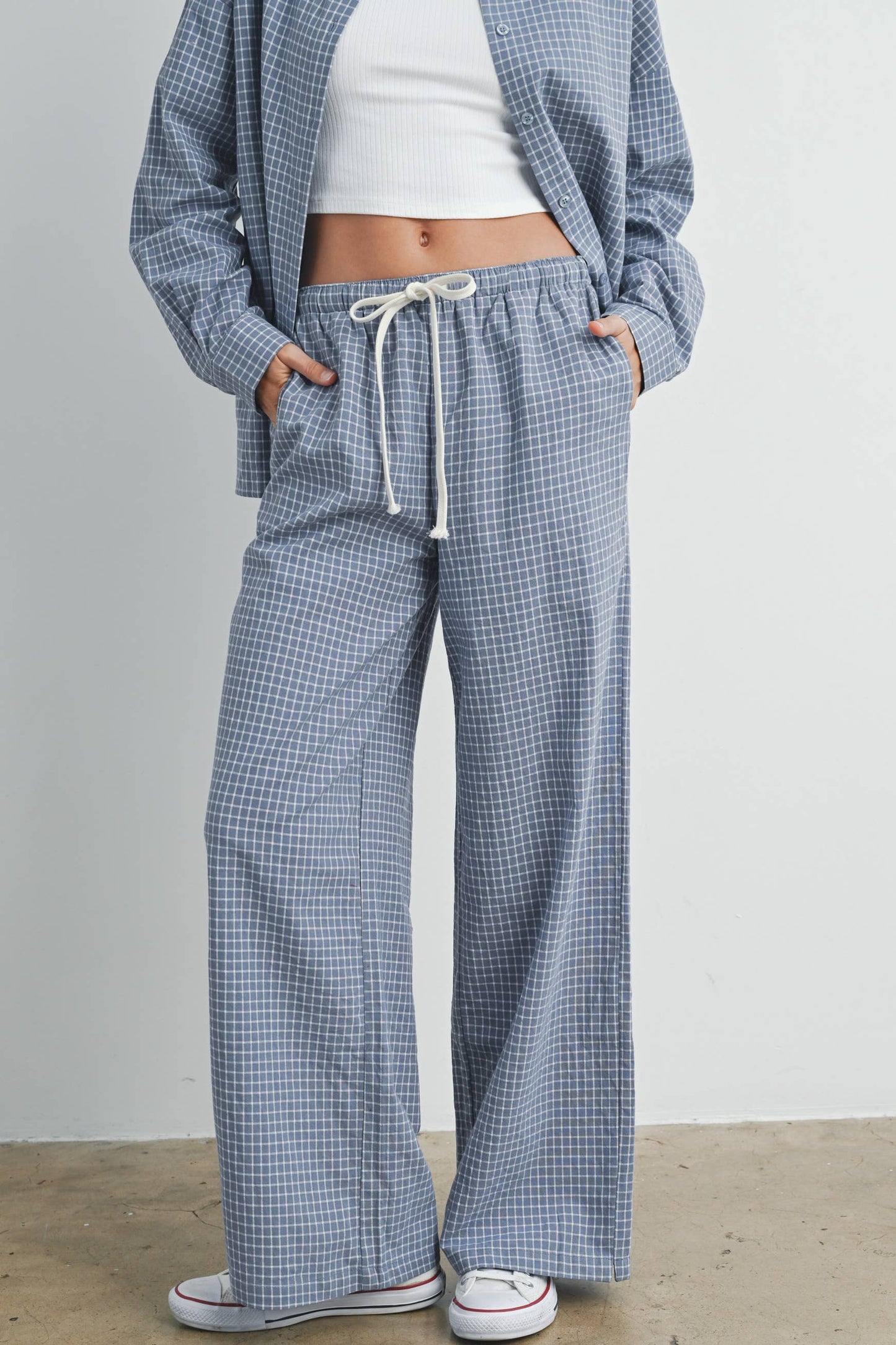 High Waisted Drawstring Check Pants