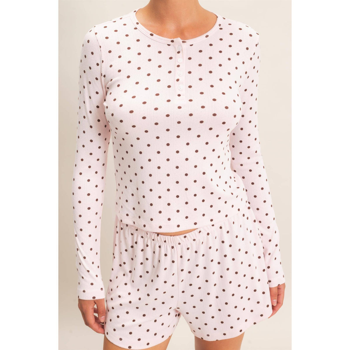 Polka Dot Henley Long Sleeve Top & Shorts Set