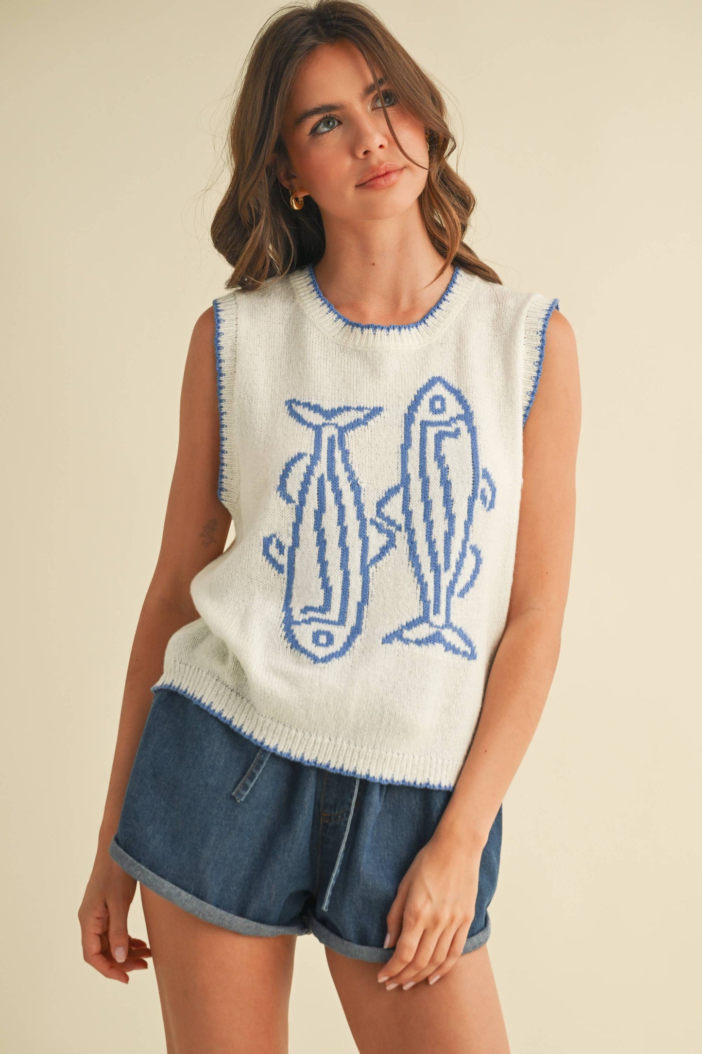 Fish Printed Sleeves Sweater