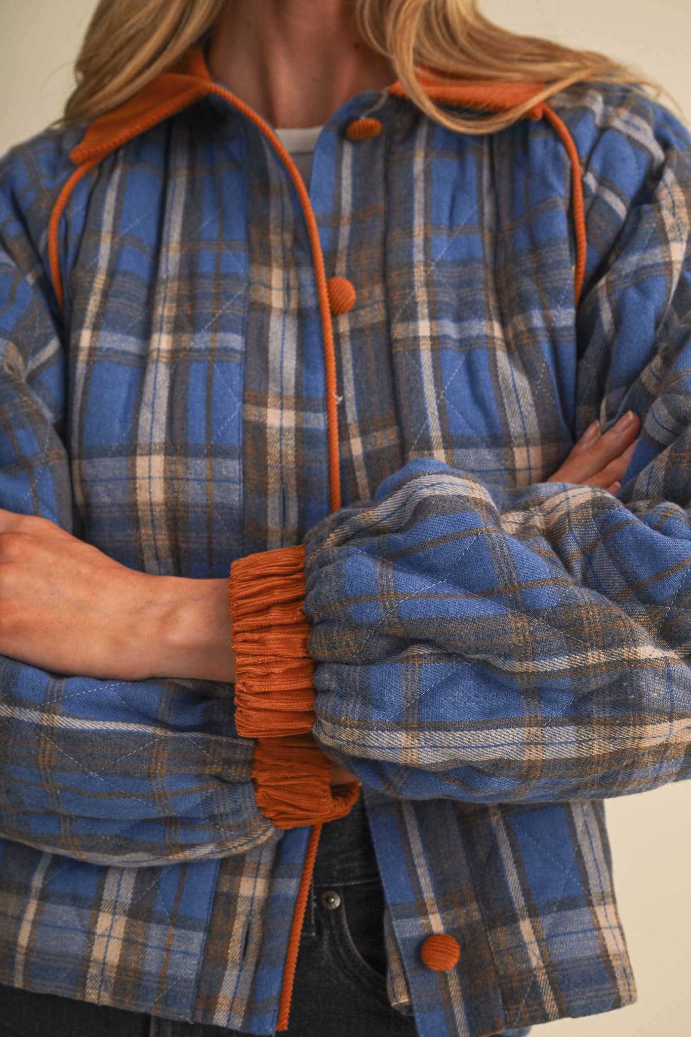 Plaid & Corduroy Contrast Quilted Jacket
