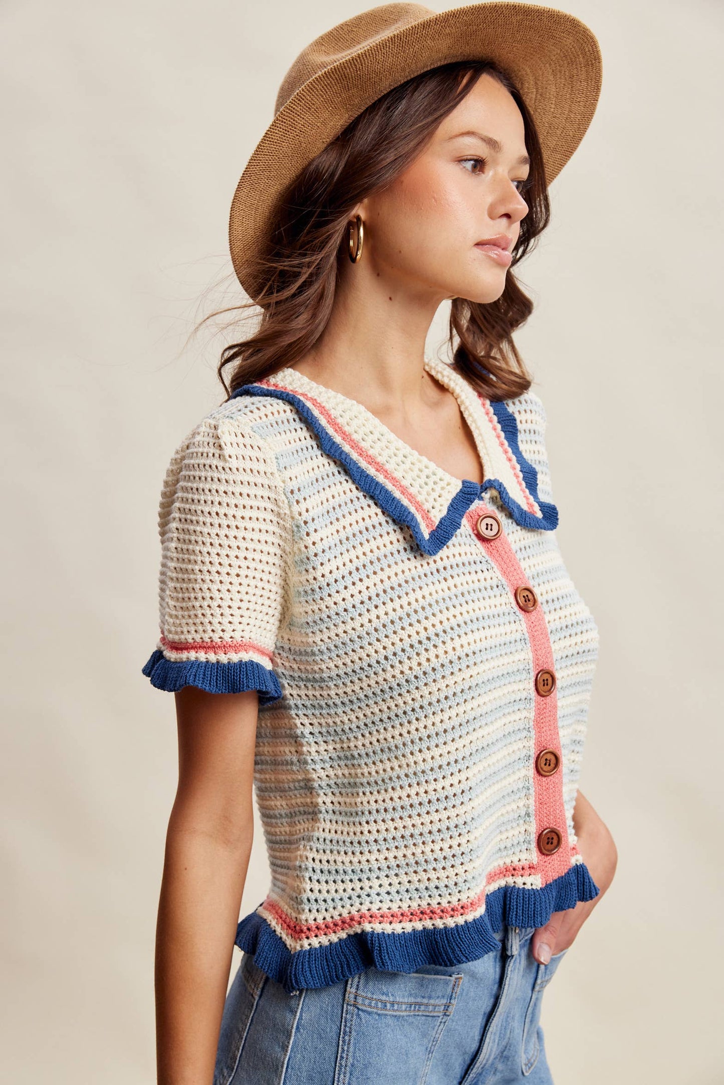 Ruffle Trim Crochet Knit Cardigan Top