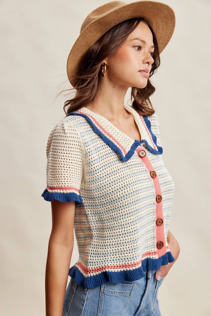 Ruffle Trim Crochet Knit Cardigan Top