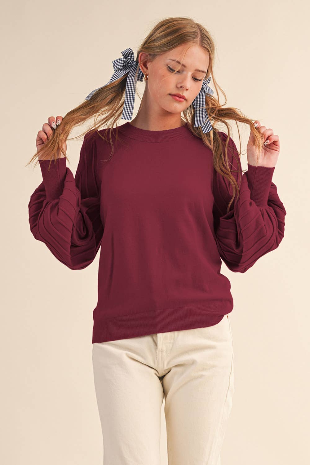 Striped Texture Puff Sleeve Sweater