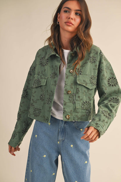 Eyelet Twill Cropped Trucker Jacket