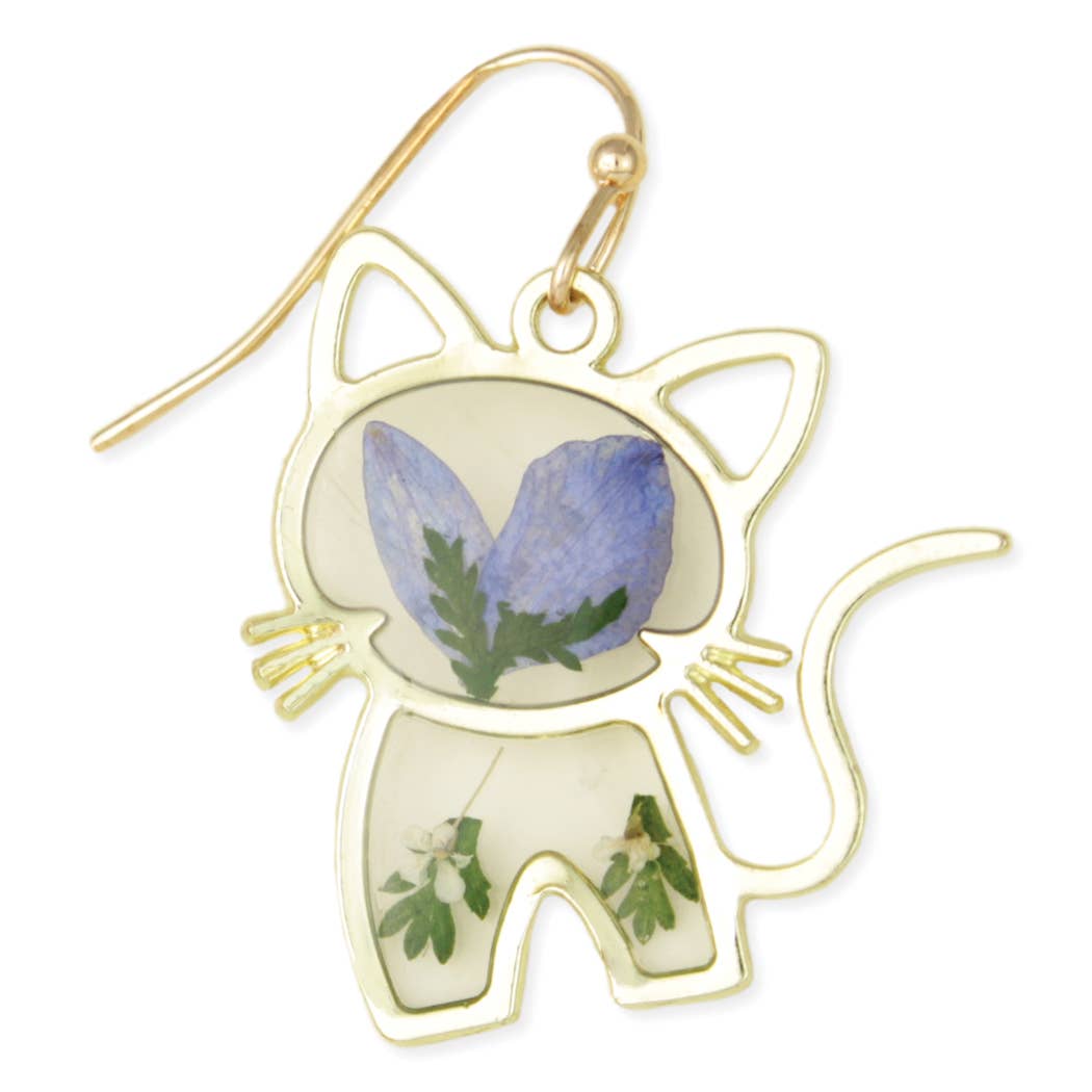 Curious Kitty Gold Blue Dried Flower Earrings