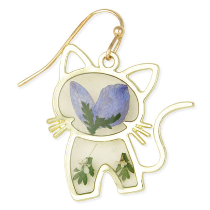Curious Kitty Gold Blue Dried Flower Earrings