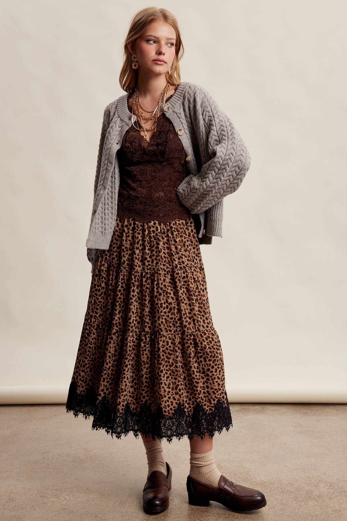 Leopard Lace Trim Tiered Maxi Skirt