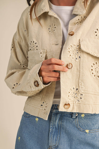 Eyelet Twill Cropped Trucker Jacket