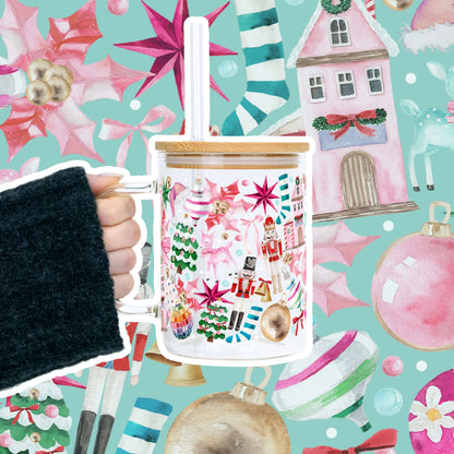 Whimsical Christmas Clear Glass Mug with Lid & Straw