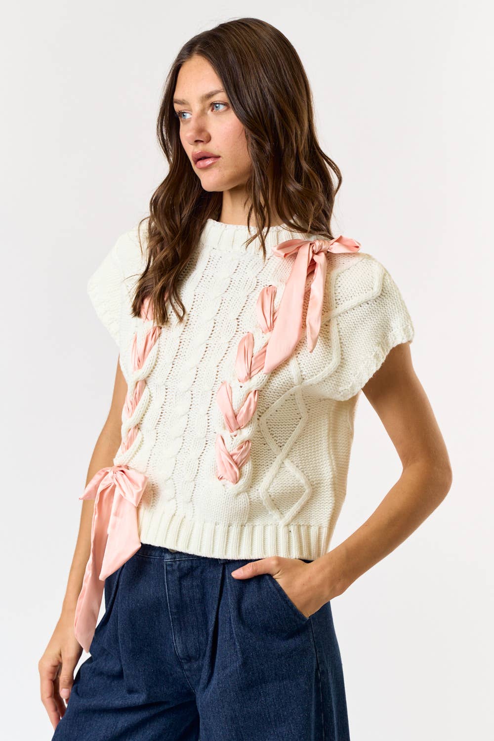 Satin Bow Cable Knit Sweater Vest Top