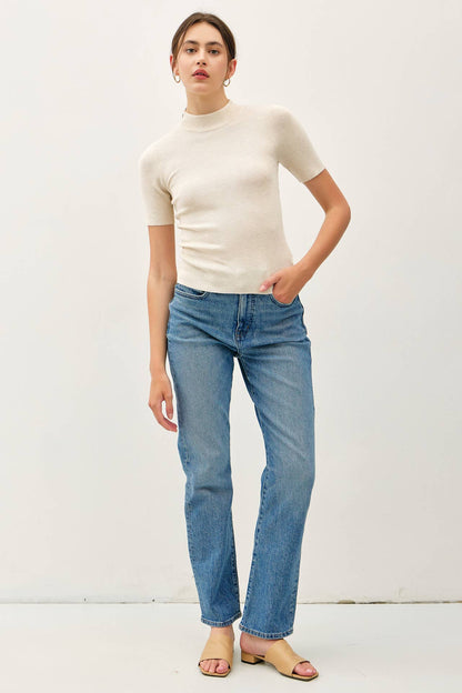 Ribbed Short Sleeve Mock Neck Sweater