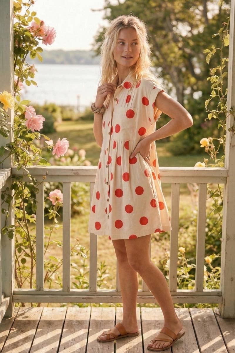 Polka Dot Button Down Pleated Poplin Mini Dress