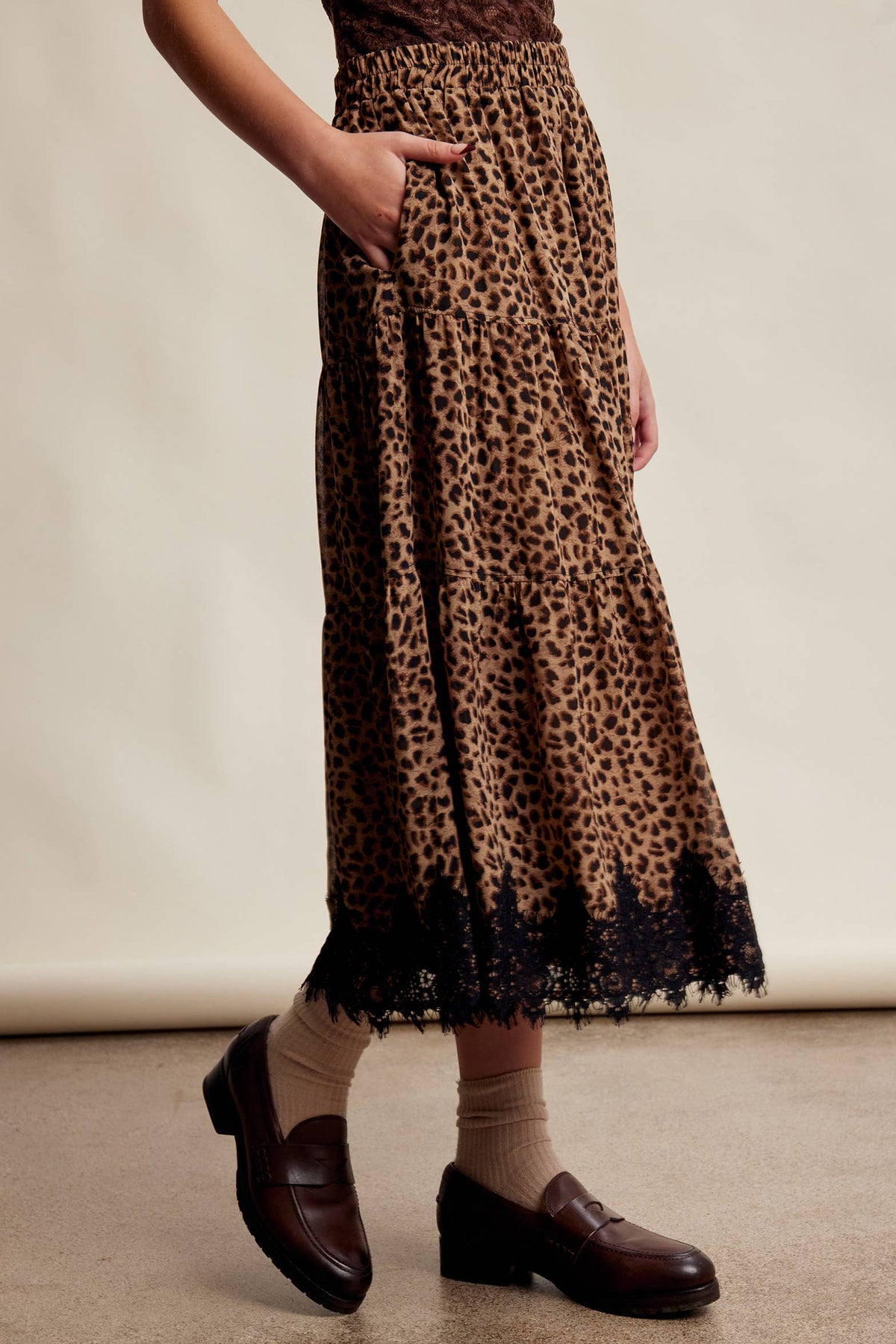 Leopard Lace Trim Tiered Maxi Skirt