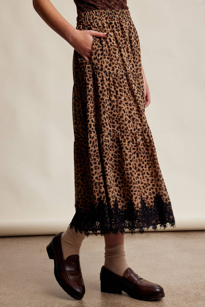 Leopard Lace Trim Tiered Maxi Skirt