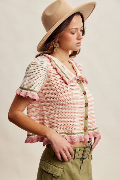 Ruffle Trim Crochet Knit Cardigan Top