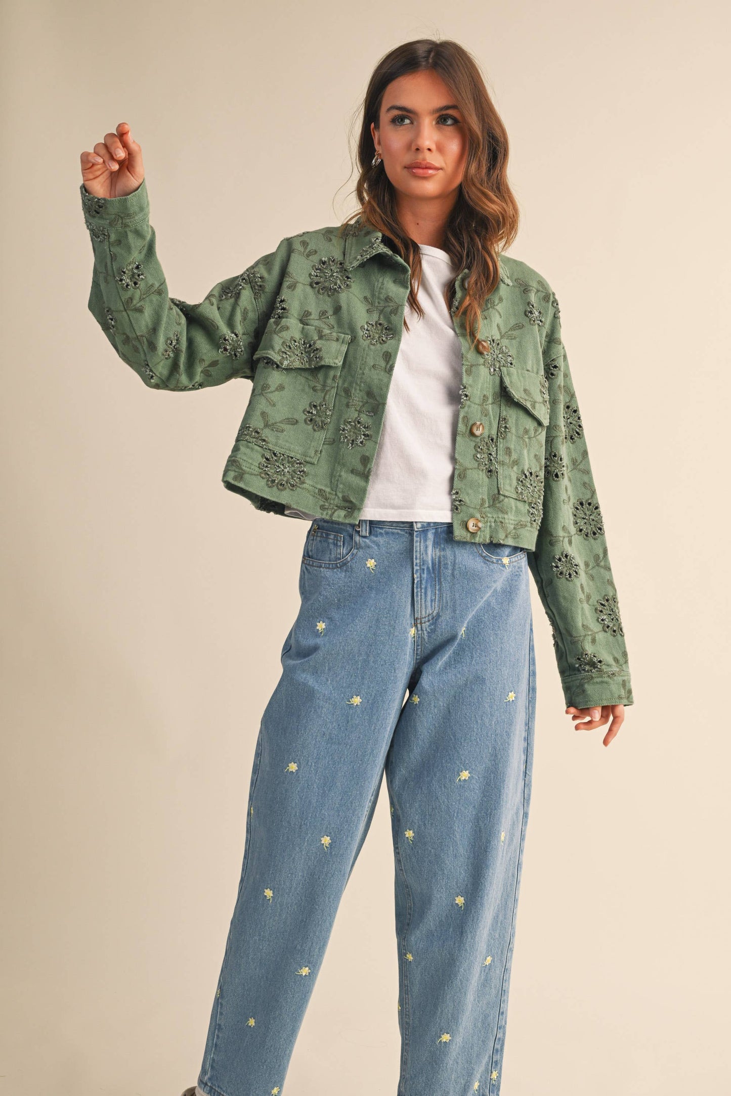 Eyelet Twill Cropped Trucker Jacket