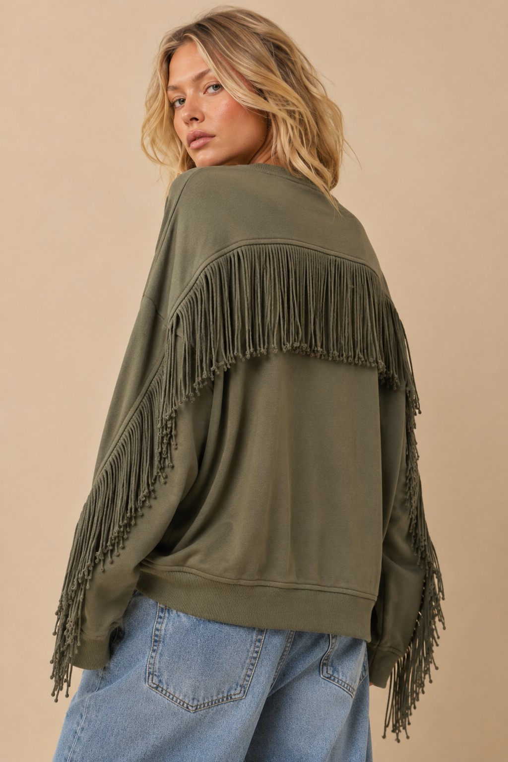 Fringe-Trimmed Oversized Sweatshirt