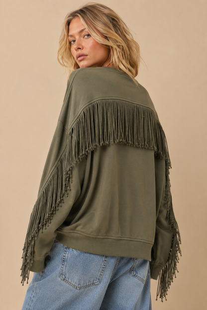 Fringe-Trimmed Oversized Sweatshirt
