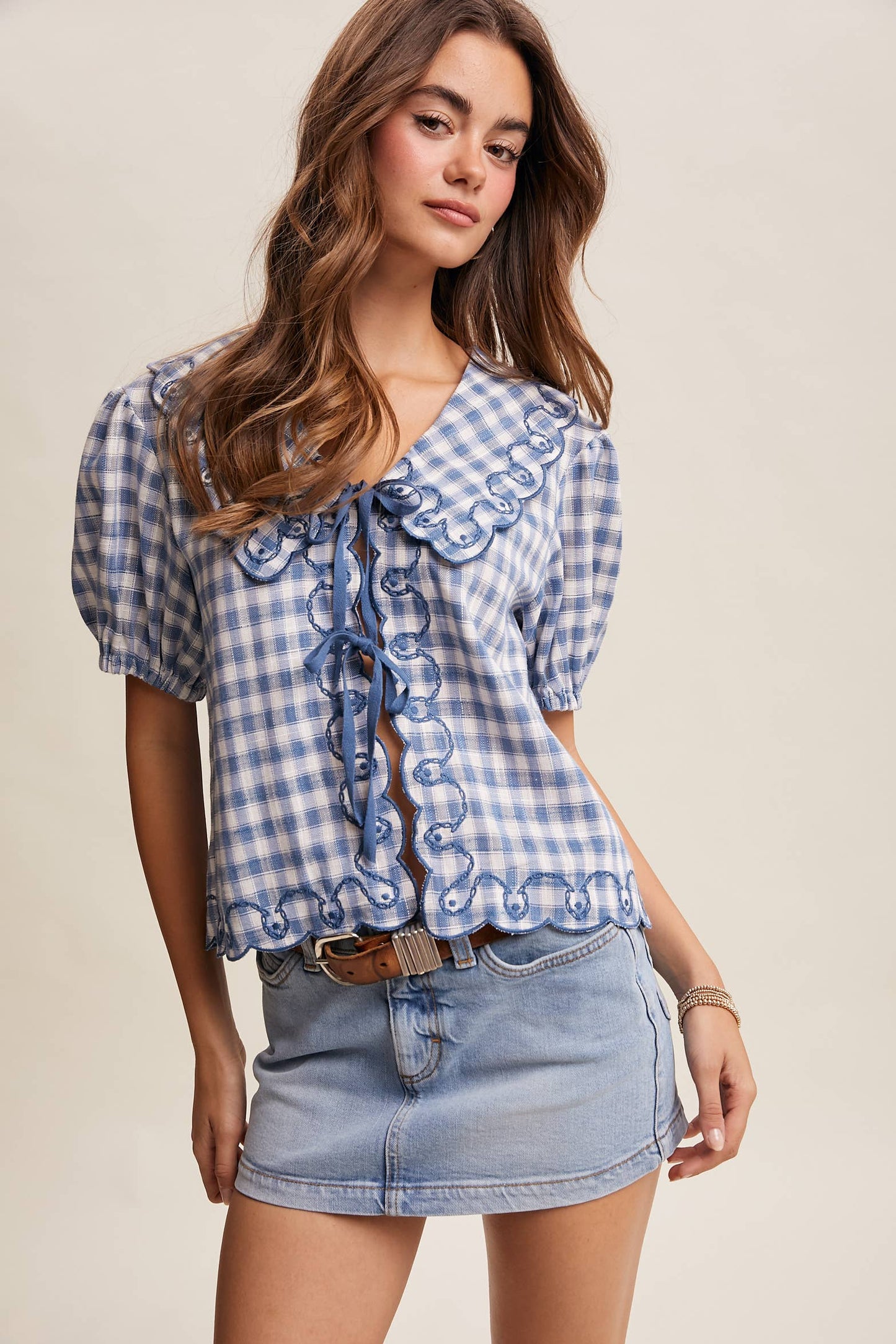 Gingham Embroidered Tie-Front Blouse