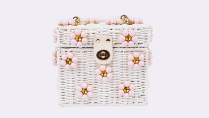 Wicker Bucket Daisy Flower Purse: Cream + Blue Daisy