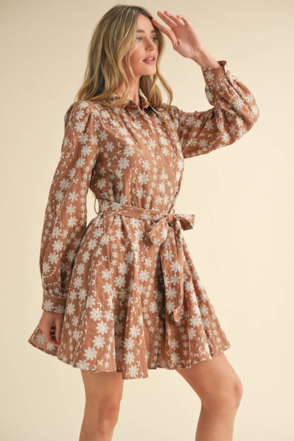 Floral Embroidery Button Down Flared Mini Dress