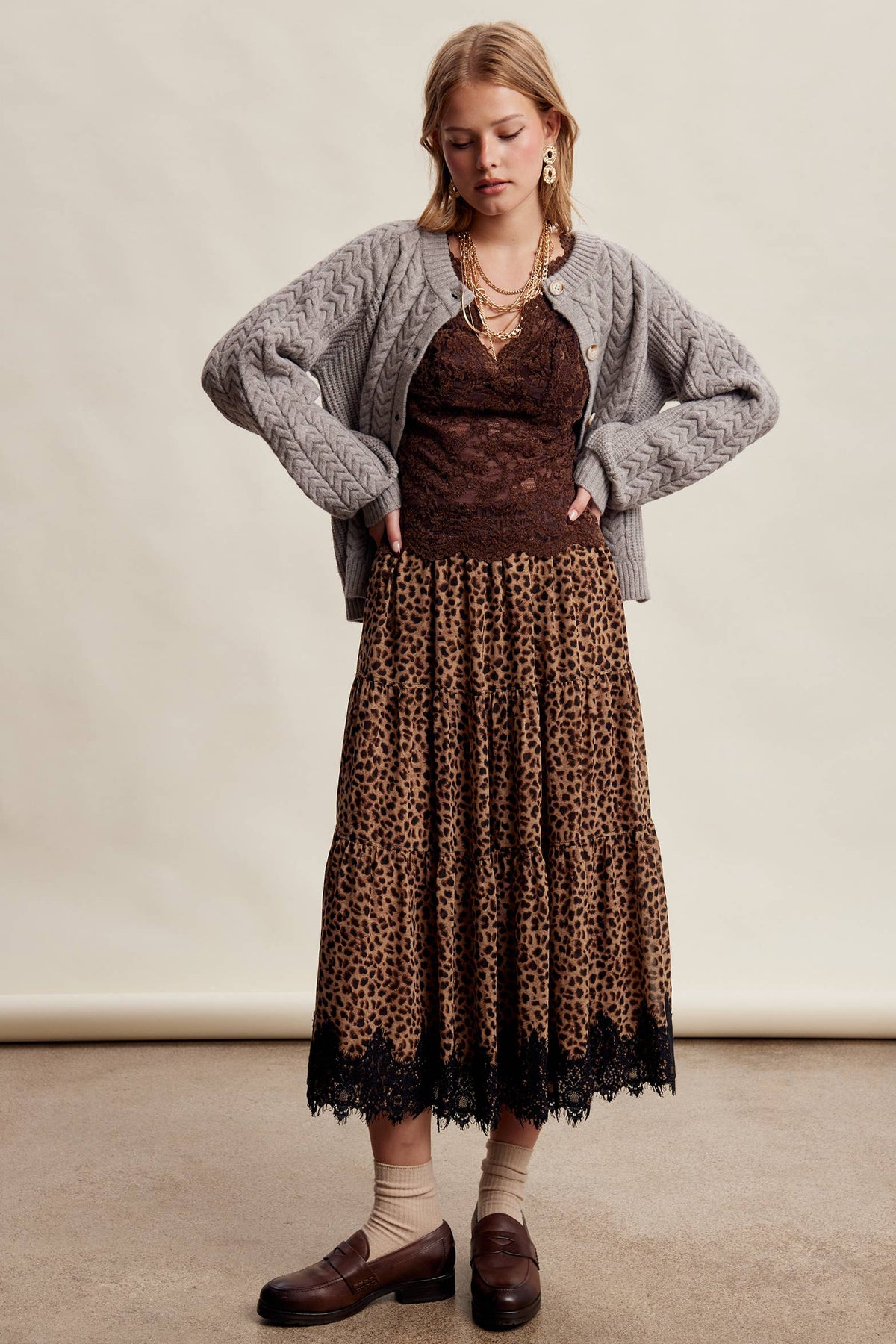 Leopard Lace Trim Tiered Maxi Skirt