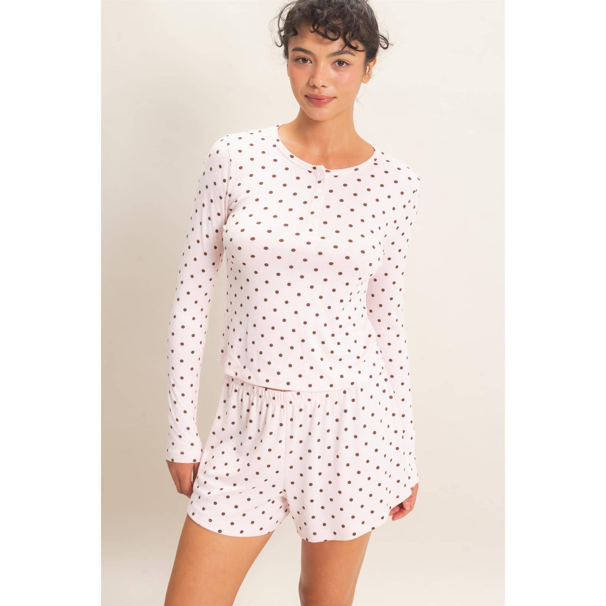 Polka Dot Henley Long Sleeve Top & Shorts Set