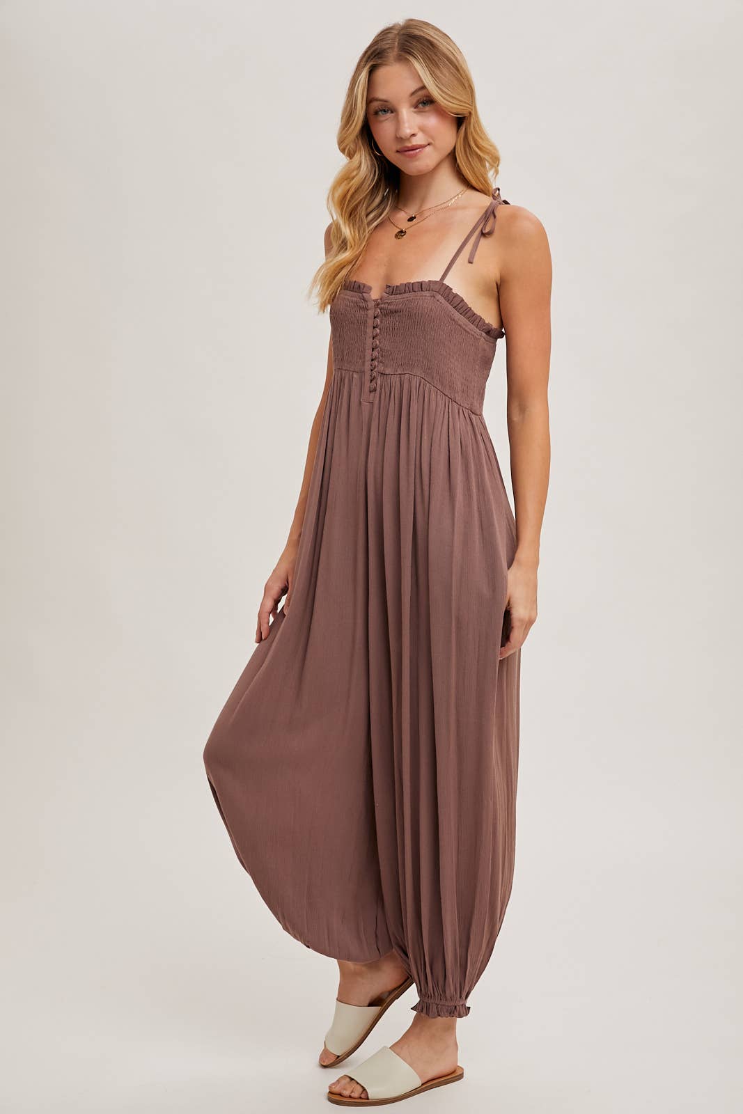 Gauze Smocked Button Front Jumpsuit