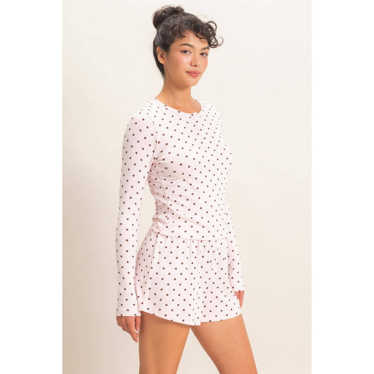 Polka Dot Henley Long Sleeve Top & Shorts Set
