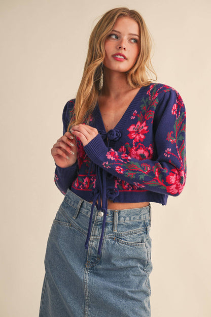 Floral Knit Tie-Front Cardigan