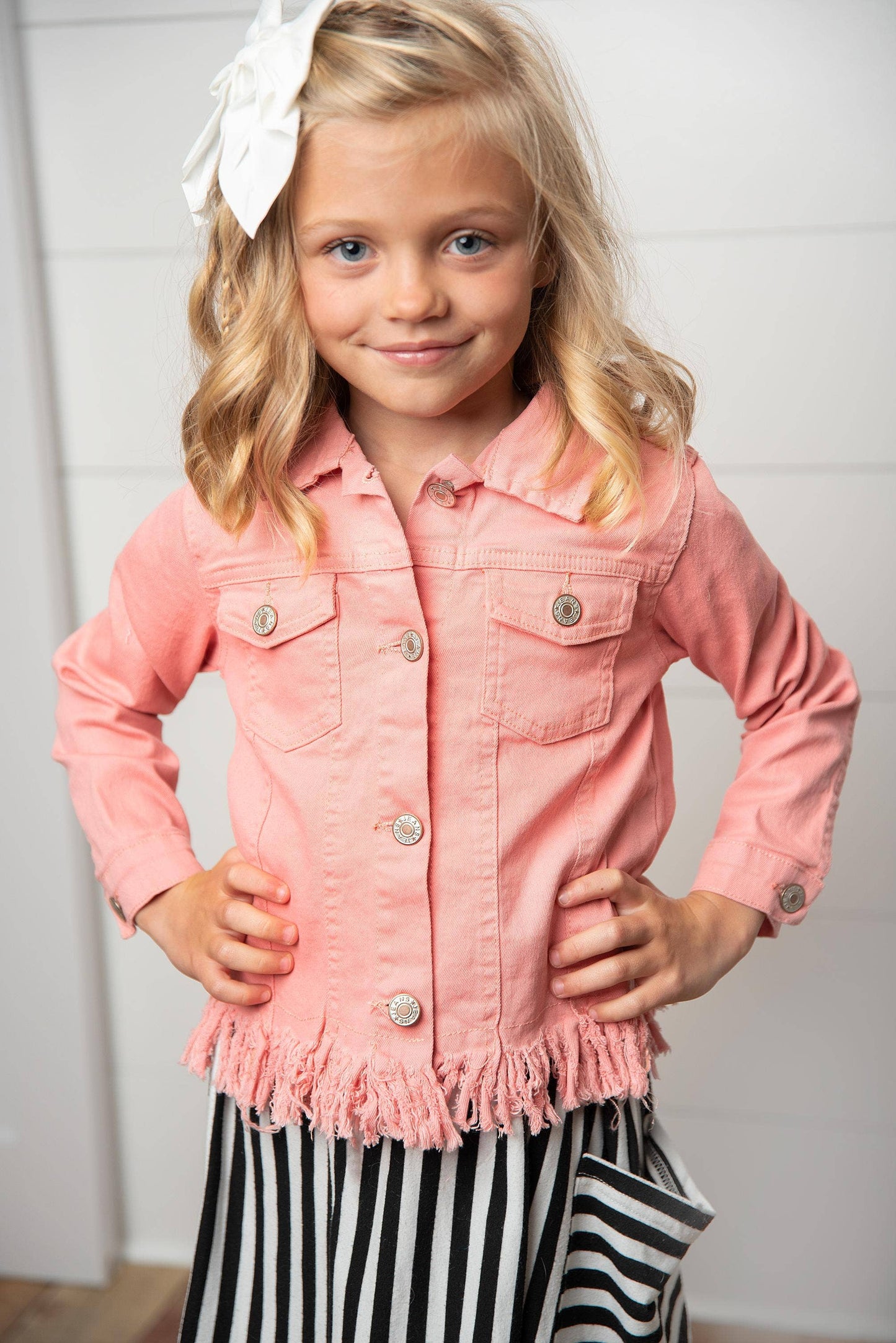 Kids Pink Denim Fringe Fall Winter Button Long Sleeve Jacket