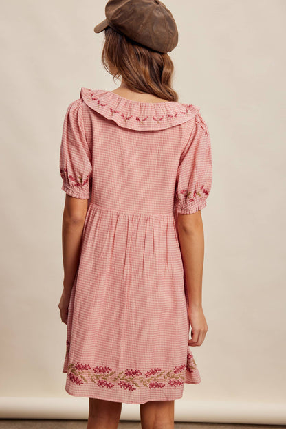 Embroidered Ruffle Collar Textured Gingham Dress