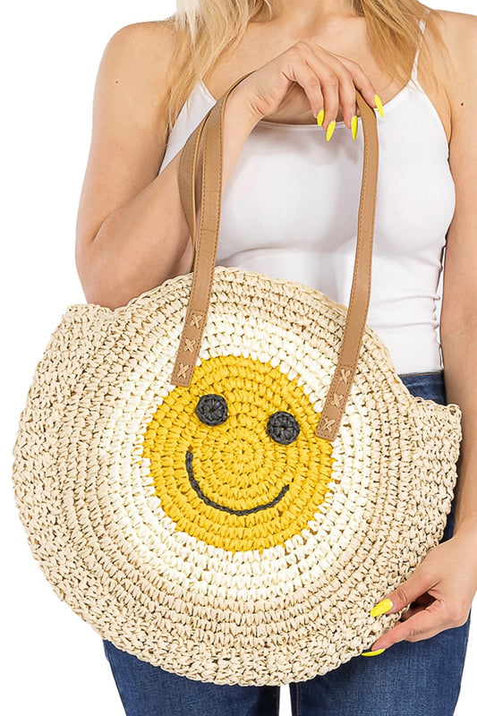 Rattan Beach Bag w/ Smiley Face
