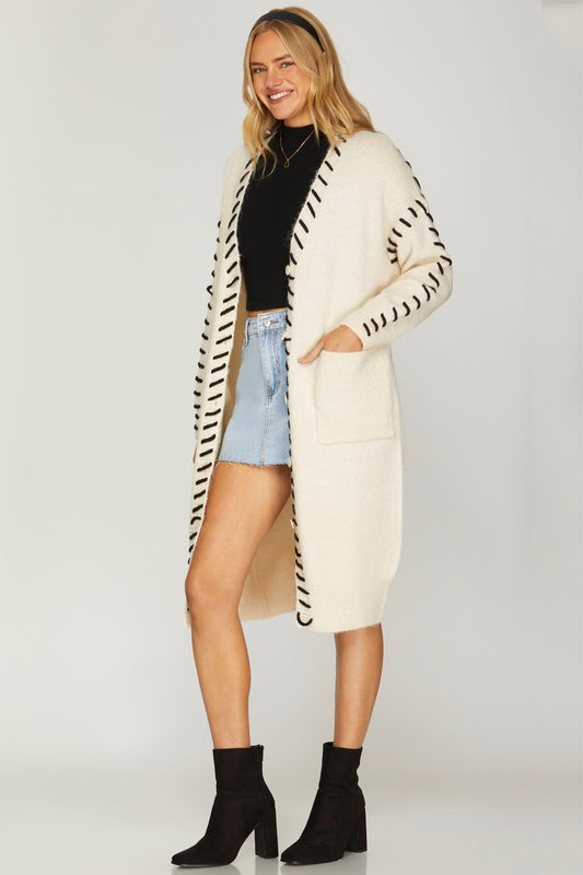 Cream Long Sleeve Open Front Cardigan