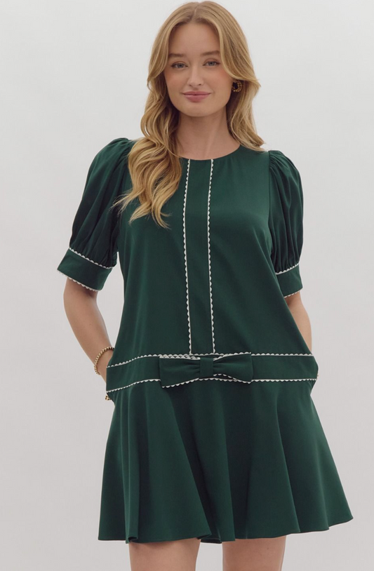 Green Bow Dress White Scallop Trim