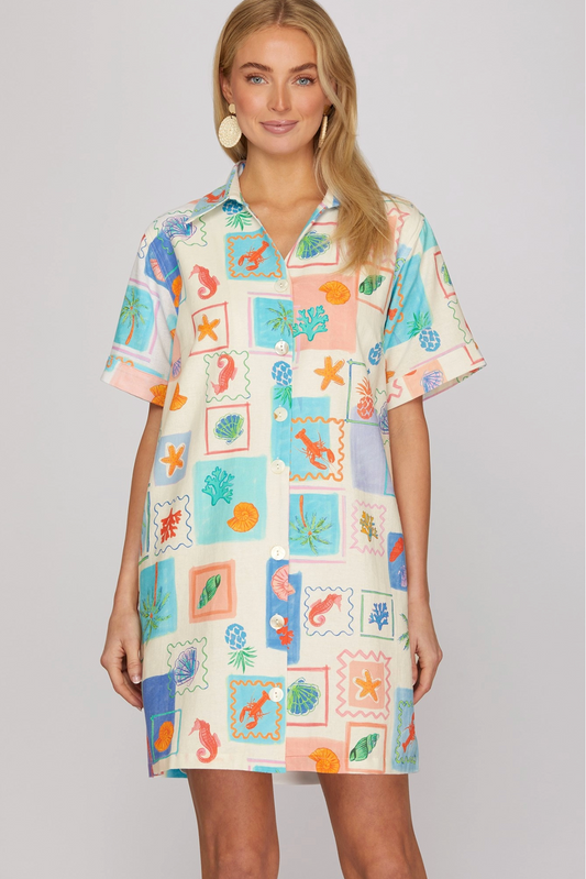 Woven Coastal Print Mini Dress