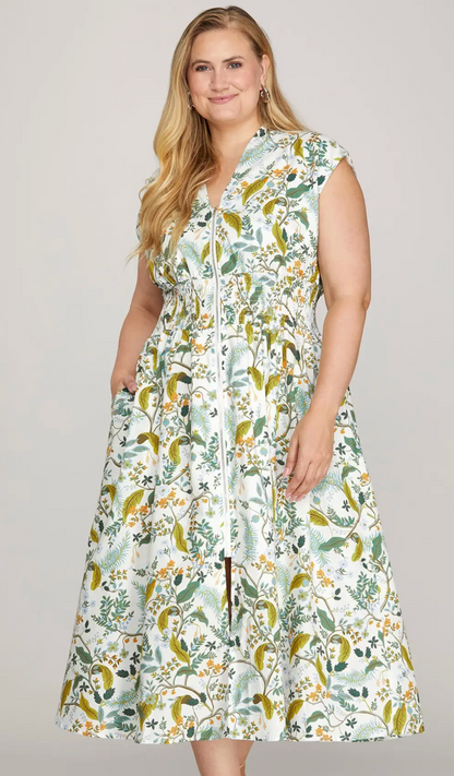 Plus Drop Shoulder Smocked Waist Front Zip Printed Dress with Pockets