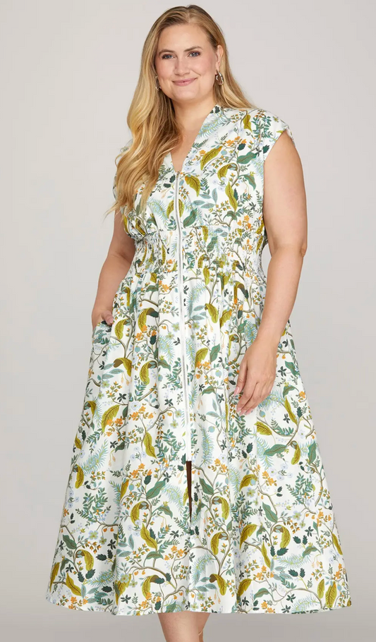 Plus Drop Shoulder Smocked Waist Front Zip Printed Dress with Pockets