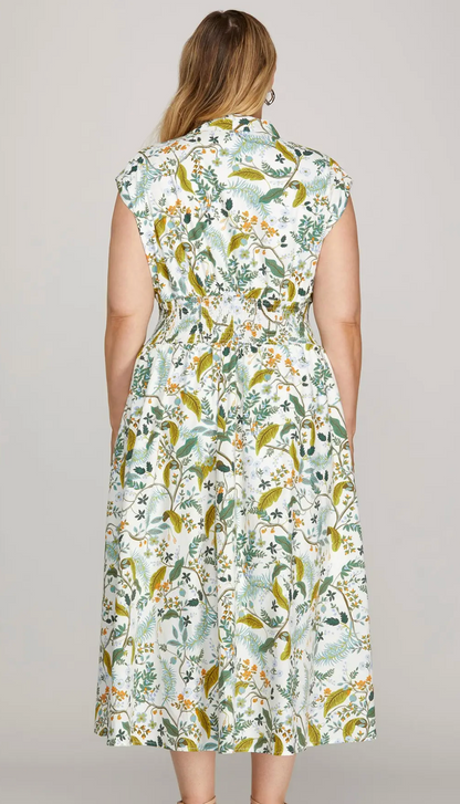Plus Drop Shoulder Smocked Waist Front Zip Printed Dress with Pockets