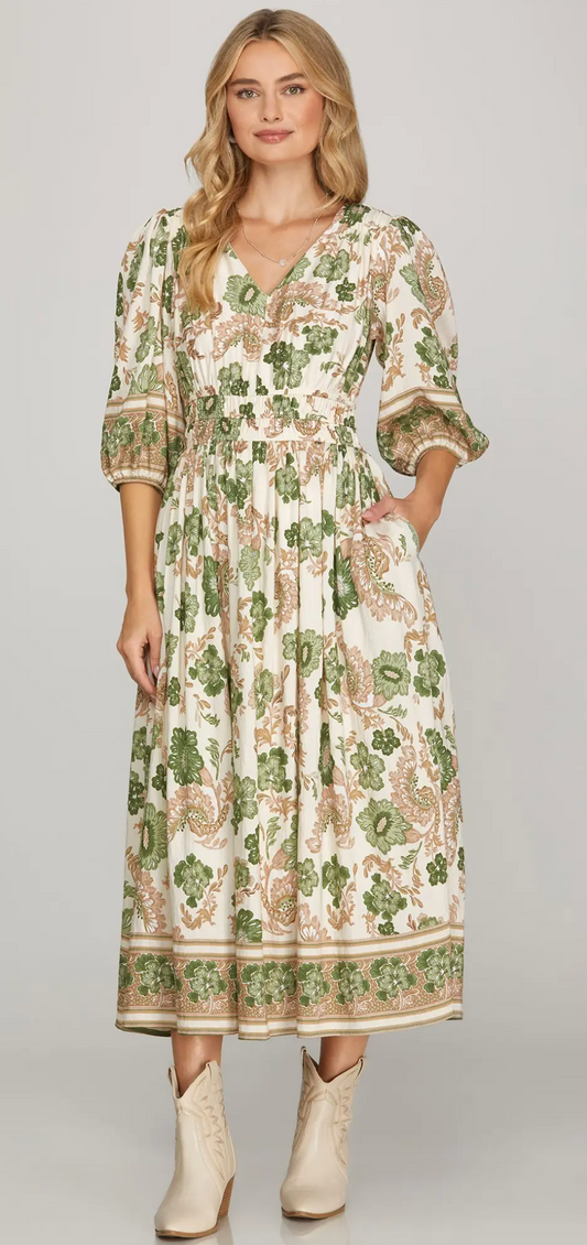 Plus 3/4 Sleeve V Neck Border Print Woven Midi Dress with Pockets