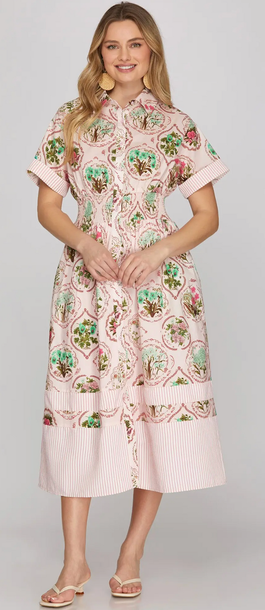 Half Sleeve Woven Print Midi Shirt Dress with Waist Smocking and Pockets