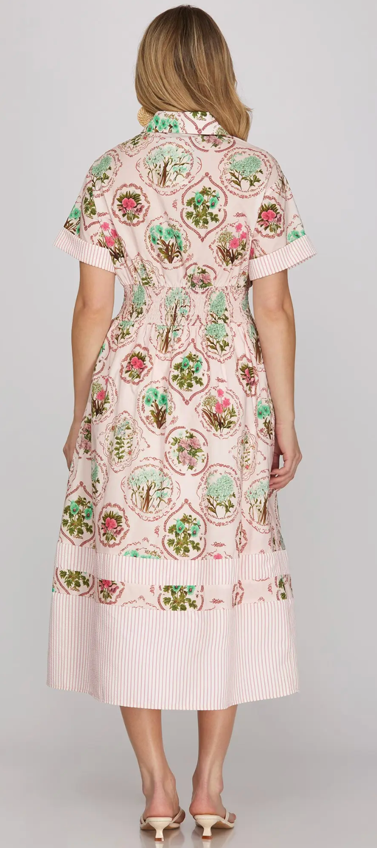 Half Sleeve Woven Print Midi Shirt Dress with Waist Smocking and Pockets