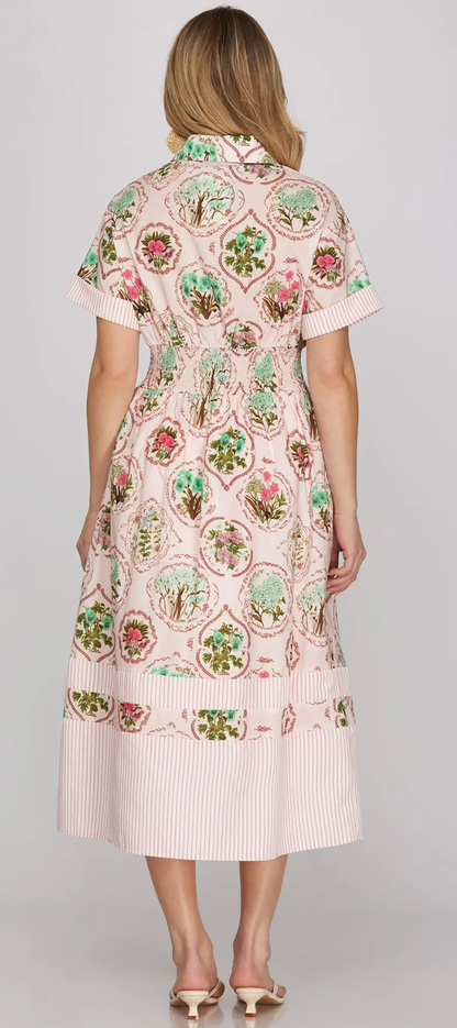 Half Sleeve Woven Print Midi Shirt Dress with Waist Smocking and Pockets